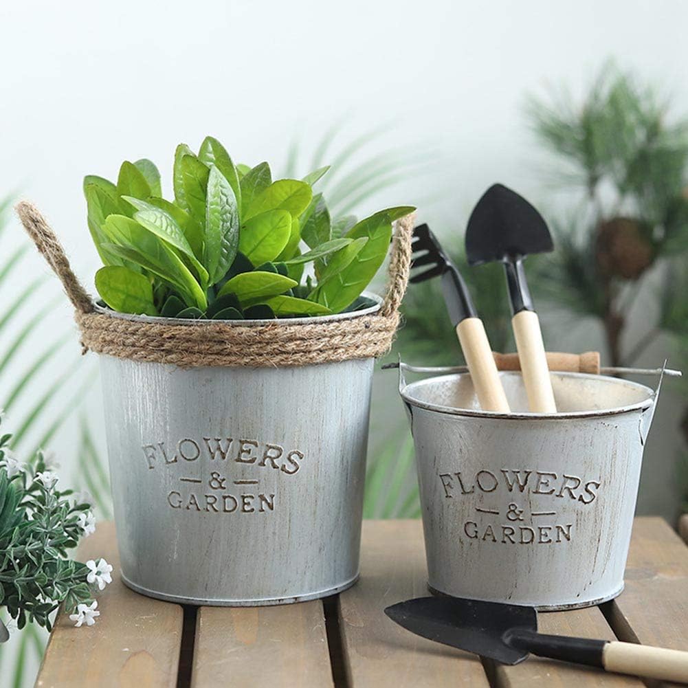 ZkinC Vintage Iron Art Rope/Wooden Handle Plant Flower Pot Bucket Storage Container Unique Design Family Accessories S