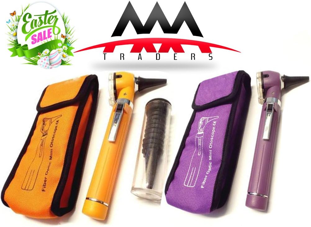 Set of Two Otoscope - Compact Pocket Size Fiber E.N.T. Optic Otoscope 2 Colors (Orange, Purple) with Extra Free Led Bulb.