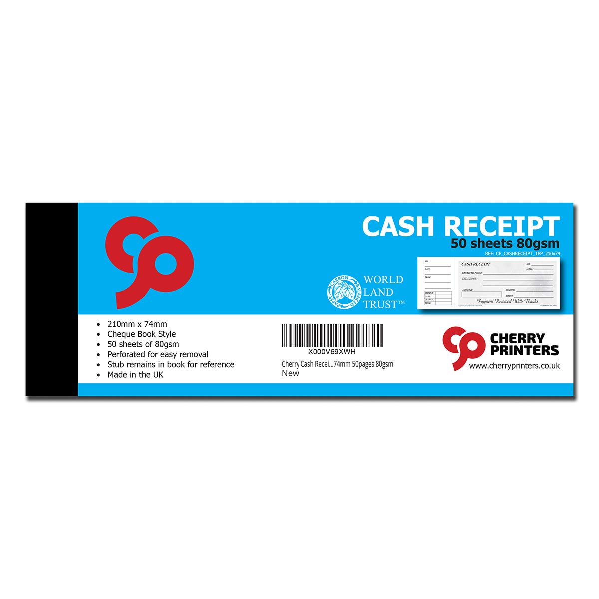 Cherry Cash Receipt Book - Cheque Book Style with stub 210mm x 74mm 50pages 80gsm