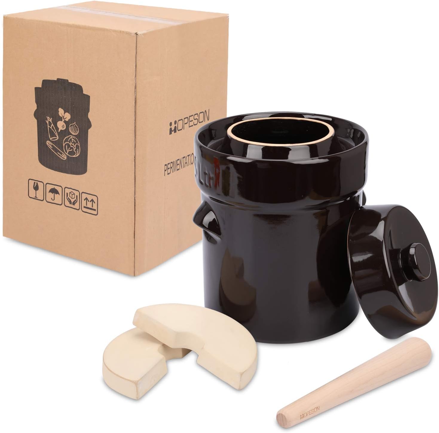 Fermentation Crock Jar 2 Liter-Stoneware Pot for Healthy Fermenting Kimchi Pickling Sauerkraut Pickles Vegetables Kombucha Ceramic Fermentator Kit with Lid, Weights and Pickle Tamper