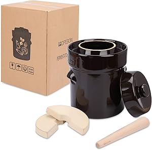 Fermentation Crock Jar 2 Liter-Stoneware Pot for Healthy Fermenting Kimchi Pickling Sauerkraut Pickles Vegetables Kombucha Ceramic Fermentator Kit with Lid, Weights and Pickle Tamper