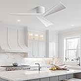 BUENION 52-Inch White Ceiling Fan Without Light, Modern Low-Profile Flush Mount Fan with Remote, 6-Speed Reversible Quiet DC 