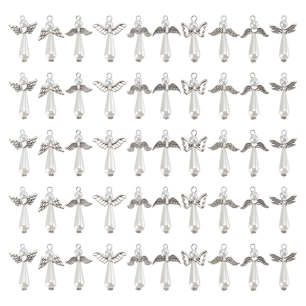 HOBBIESAY 50Pcs 10 Styles Imitation Pearl Angel Charms 35mm Angel Wing Charms with Loop White Angel Teardrop Bead Pendants Wing Pearl Beads Dangle Pendants for Jewelry Making Hole: 2.8mm