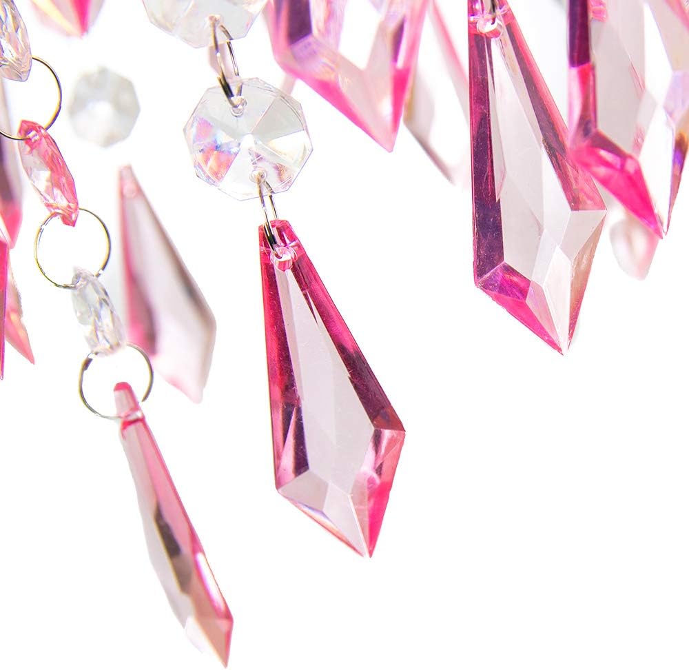 Modern Waterfall Design Easy Fit Pendant Shade with Clear/Pink Acrylic Droplets and Beads, Chrome Metal Rings - Image 4