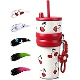 Disoza Red 24 OZ Cherry Tumbler Stainless Steel Water Bottle Insulated Vacuum With Lid and Straw Leak Proof Travel Mug Spill Proof Cup for Hot and Cold Drink Christmas Gift For Women Mother Girlfriend