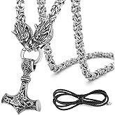 BAVIPOWER Viking Mjolnir Necklace for Men with Wolf Head Chain, Stainless Steel Thors Hammer Necklace Pendant Norse Pagan Jewelry