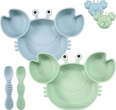 PandaEar 2-Pack Silicone Baby Plate with Suction and 2 Spoons Crab