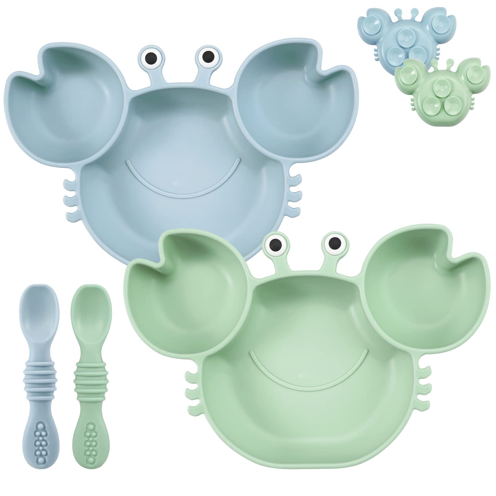 PandaEar 2-Pack Silicone Baby Plate with Suction and 2 Baby Spoons - Divided Toddler Plate - Suction Plates for Baby Weaning - Unbreakable Dinner Plates - Sectioned Baby Plate Set (Crab)