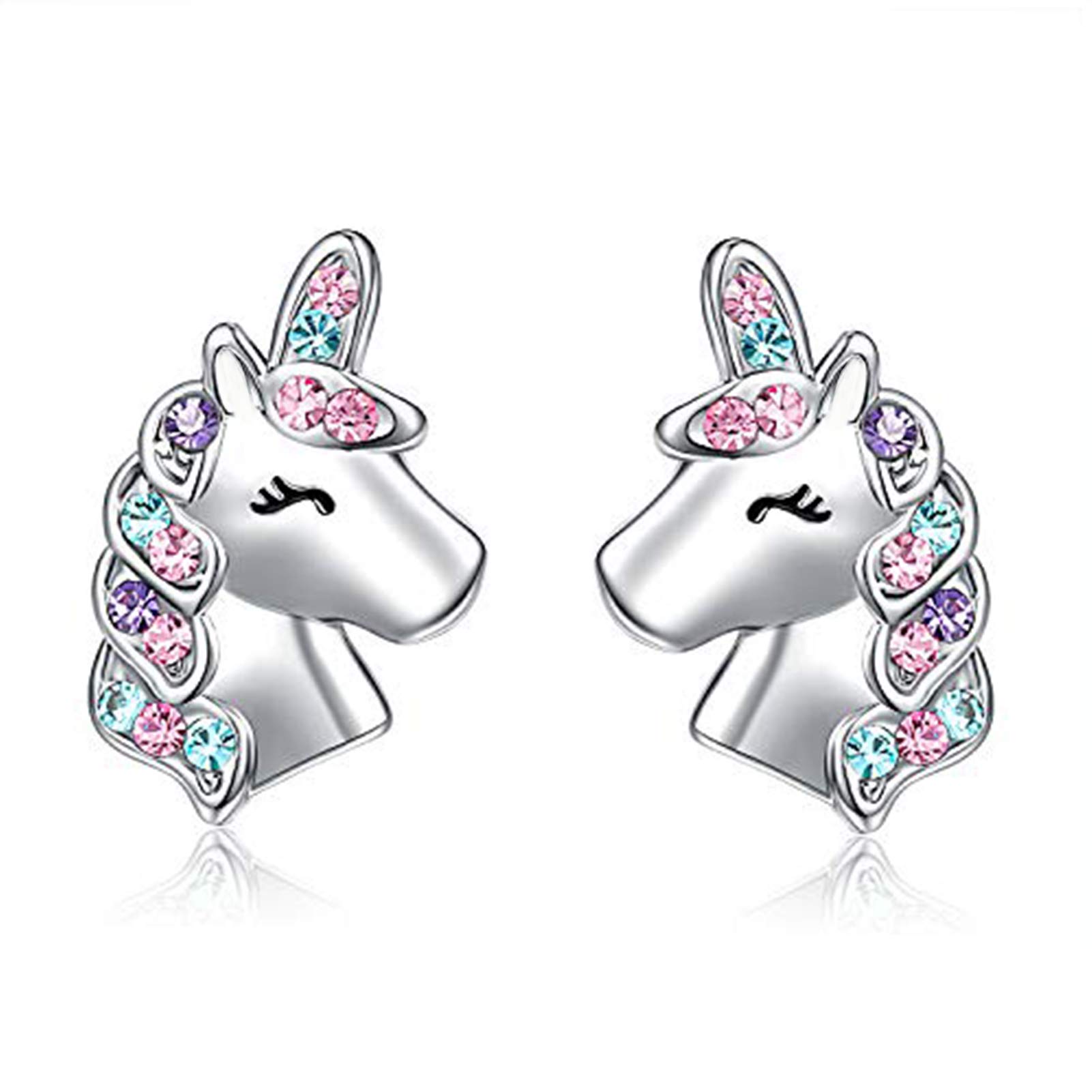 Uooker Unicorn Stud Earrings - Sterling Silver Hypoallergenic Earrings with Colorful Sparkly CZ Stones - Cute Unicorn Jewellery Gifts for Women & Girls