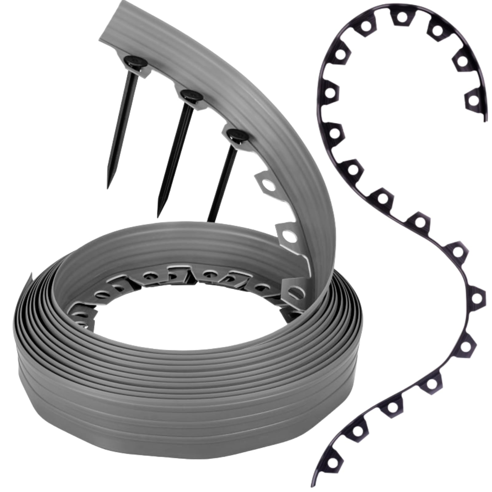 GARDENIX Flexible Plastic Lawn Edging, Weather-Resistant Lawn Edging, Flower Bed Edging, Round, Flower Bed Border, Grey, 10 m, 20 Ground Anchors, 6 cm Height for Gardens and Robotic Lawnmowers