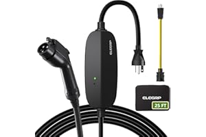ELEGRP Level 1/2 EV Charger, 16 Amp, Portable J1772 Electric Car Charger, 25FT Cable, NEMA 6-20 & 5-15 Adapter, 110V-240V for BEVs/PHEVs, PBE & LRC Technology