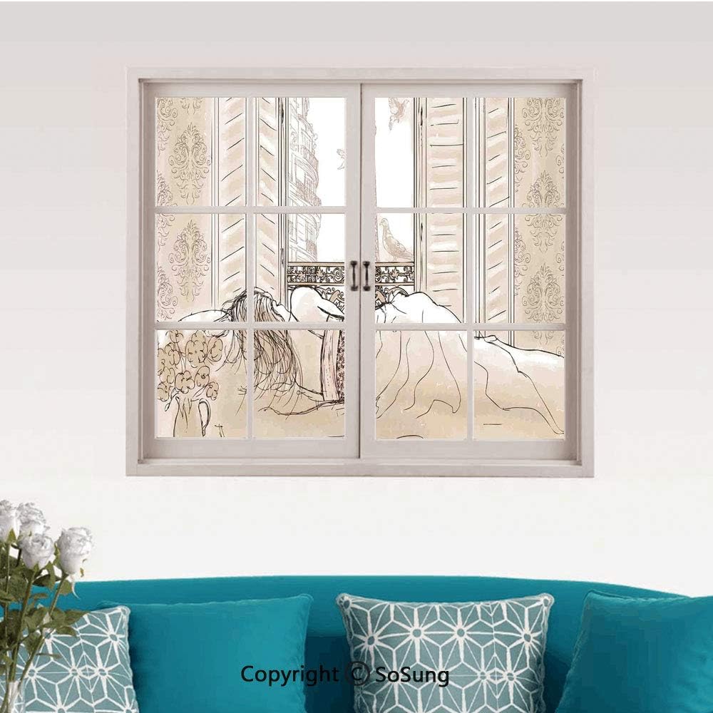 Paris Decor Removable Wall Sticker/Wall Mural,Parisian Woman Sleeping with The View of Eiffiel Tower from Window Romance Skecthy Modern Art Creative Close Window View Wall Decor,24"x32",for Bedroom