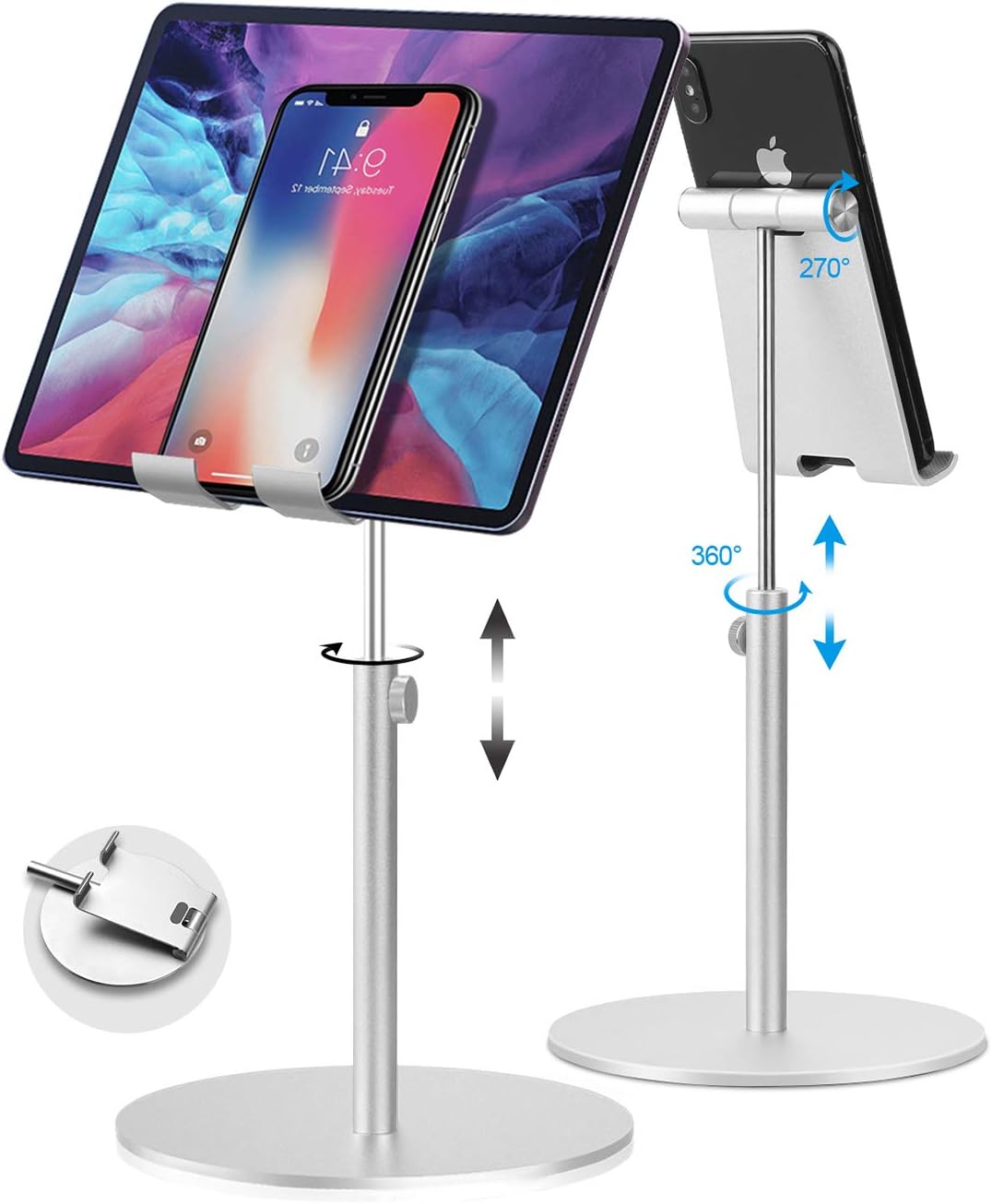 Tablet Stand Adjustable, Senhomtog Tablet Stand, Cell Phone Stand Tablet Holder, Compatible with Tablet Such as Pad Pro 9.7, 10.5,12.9 Air Mini 4 3 2, Kindle, Nexus, Tab, E-Reader (4-14'') - (Silver)