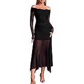 EYNMIN Women's Off The Shoulder Maxi Dress Long Sleeve Ruched Bodycon Asymmetrical Mesh Formal Fall Wedding Guest Dresses