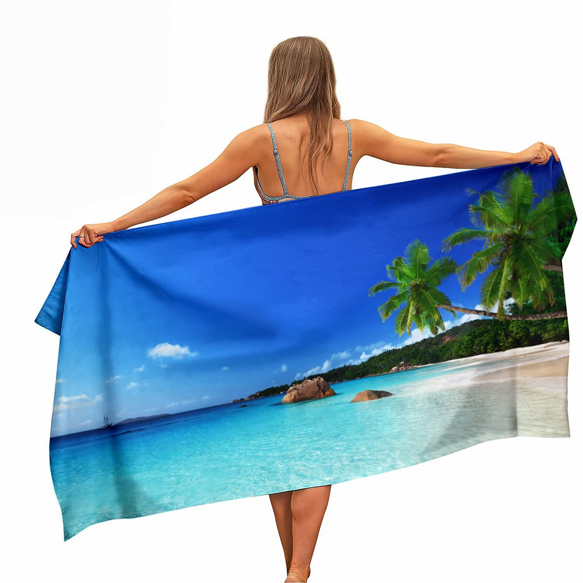 Ulticool Microfibre Beach Towel - Sea Palm Tree - 160 x 80 cm - Lightweight, Quick-Drying, Sand-Free