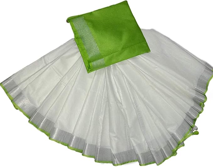 Womens Linen Slub Parrot Green Piping Saree and Blouse (Parrot white)
