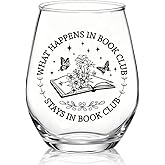 XQLZY What Happens In Book Club Stays In Book Club Stemless Wine Glass, Funny Reading Wine Glass Gifts for Lady Reader, Christmas Birthday Thanksgiving Gifts for Women Mom Aunt BFF