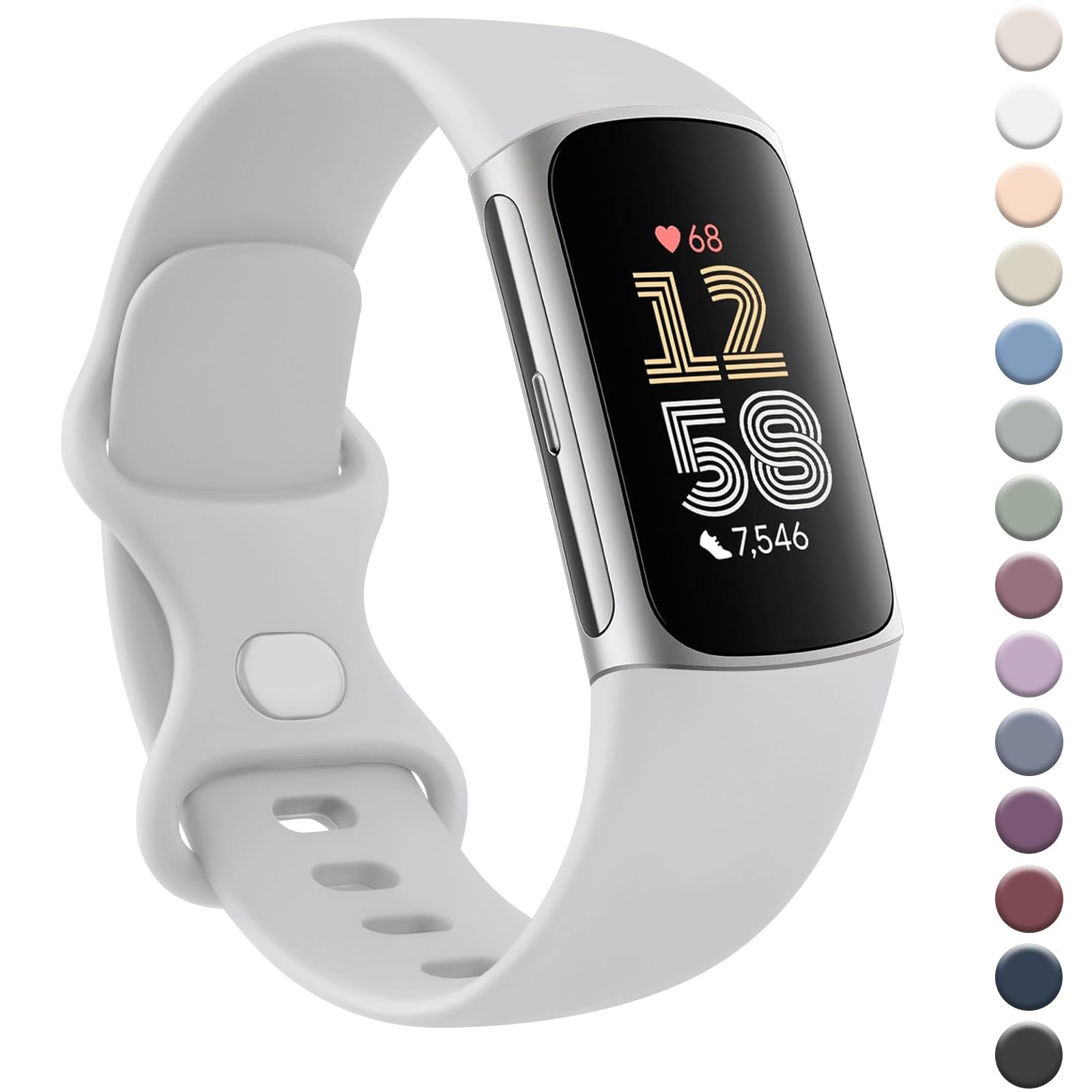 AK Strap for Fitbi t Charge 6 Straps/Fitb it Charge 5 straps for Women Men,Silicone Sport Classic Soft Replacement straps Compatible with Fitb it charge 6/Fit bitcharge 5 (Small, Silver Gray)