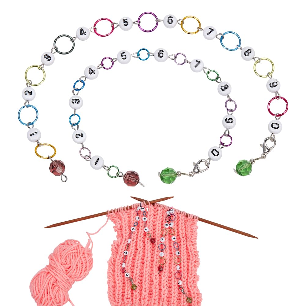 NBEADS 2 Pcs Glass Number Beads Knitting Row Counter Chains, Link Beads Stitch Marker Row Counter Chains with Aluminum Linking Ring for Sewing Knitting Crochet Tracking Project Progress