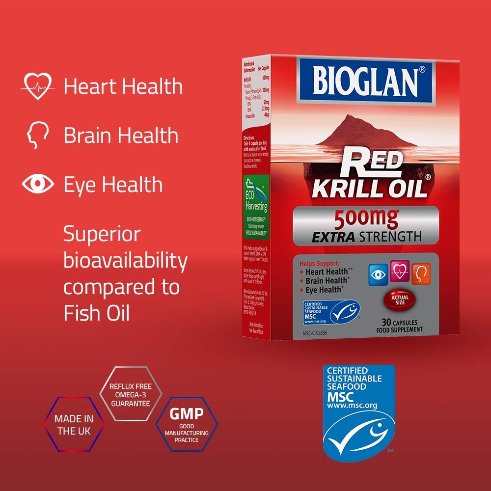 Bioglan Red Krill Oil Extra Strength 500mg, high in Omega3 Fish Oil