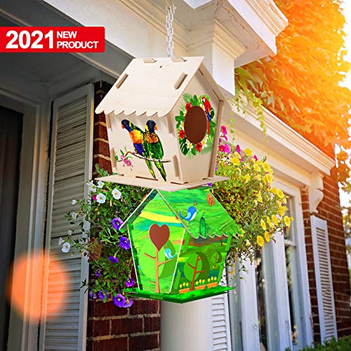Vannana 2Pcs DIY Bird Houses Craft Kit for Ages 3-18,Build and Paint Birdhouse,Wooden Arts for Supplies Party Favors for Girls& Boys,Includes Paints,Brushes,Glue,Stickers,Apron(Random Stickers)