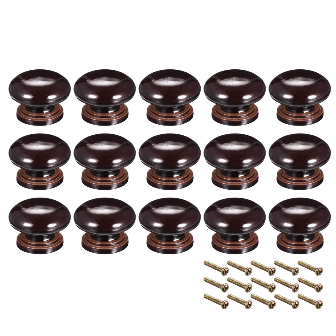 sourcing map Round Wood Knobs,15Pcs 34mm Dia Cabinet Furniture Kitchen Pulls Handles for Dresser Drawer Wardrobe, Dark Brown
