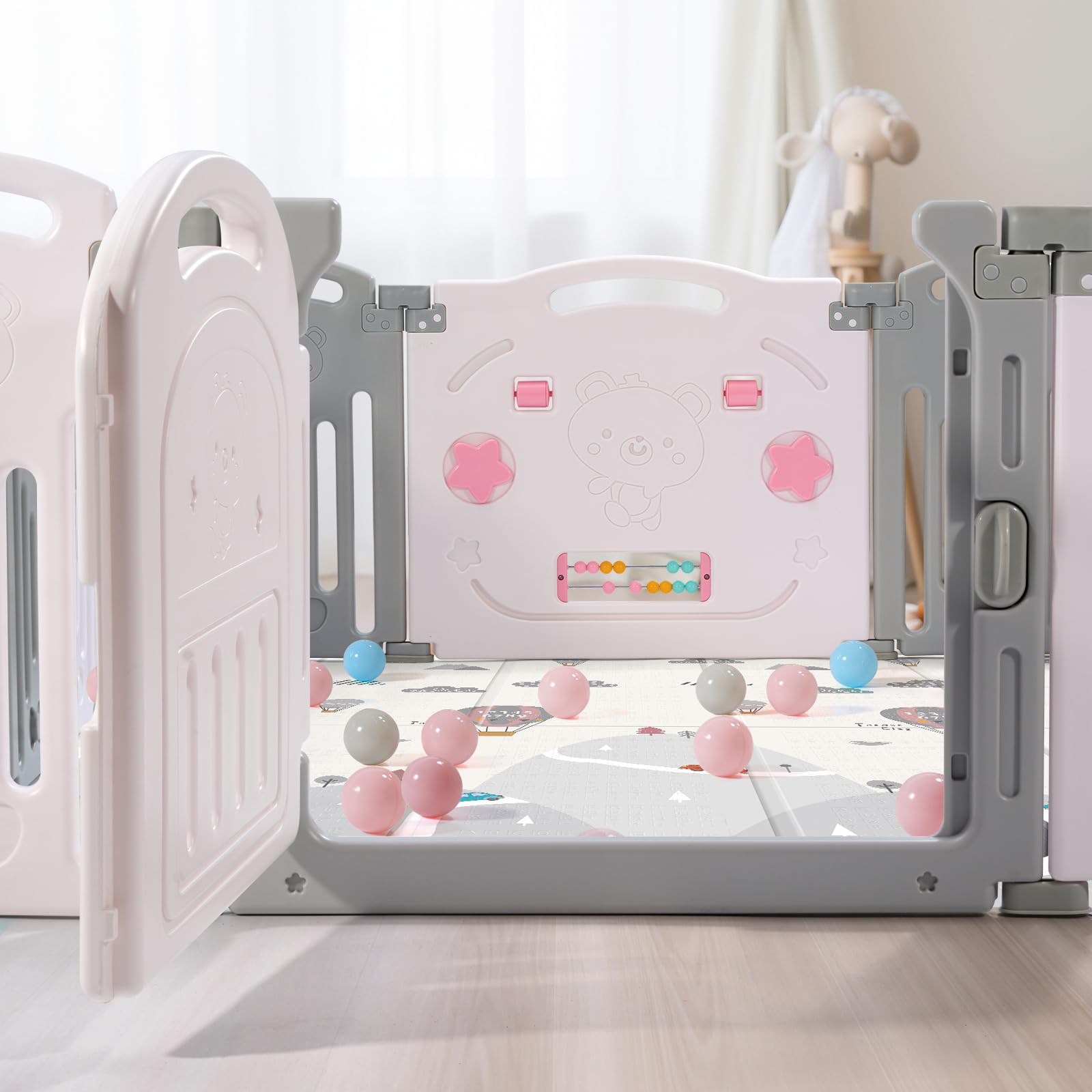 Uanlauo Baby Playpen, 18 Panel Foldable Play Yard for Toddlers, Easy Assemble Safety Baby Fence (Grey+White)