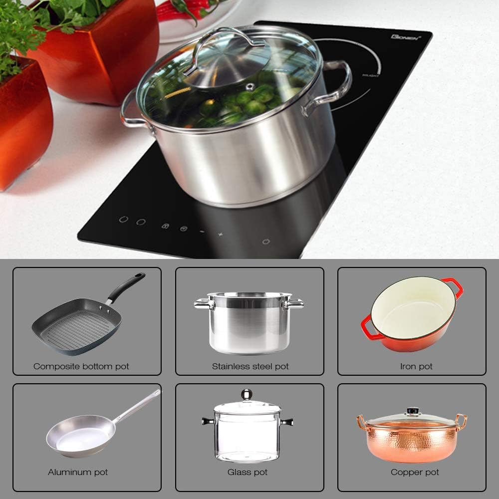 12" Electric Cooktop, Built-in 2 Burners Electric Ceramic Stove, GIONIEN Countertop Burners Cooker Satin Glass in Black,220-240V,3000W,GTM230T: Appliances
