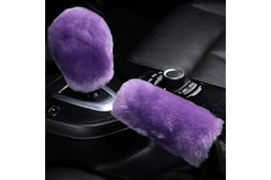 OGLAND Fluffy Natural Fur Sheepskin Car Gear Shift Handle Level Stick Knob Covers for Automobile Selector Handball Collar, Handbrake Cover (Light Purple)