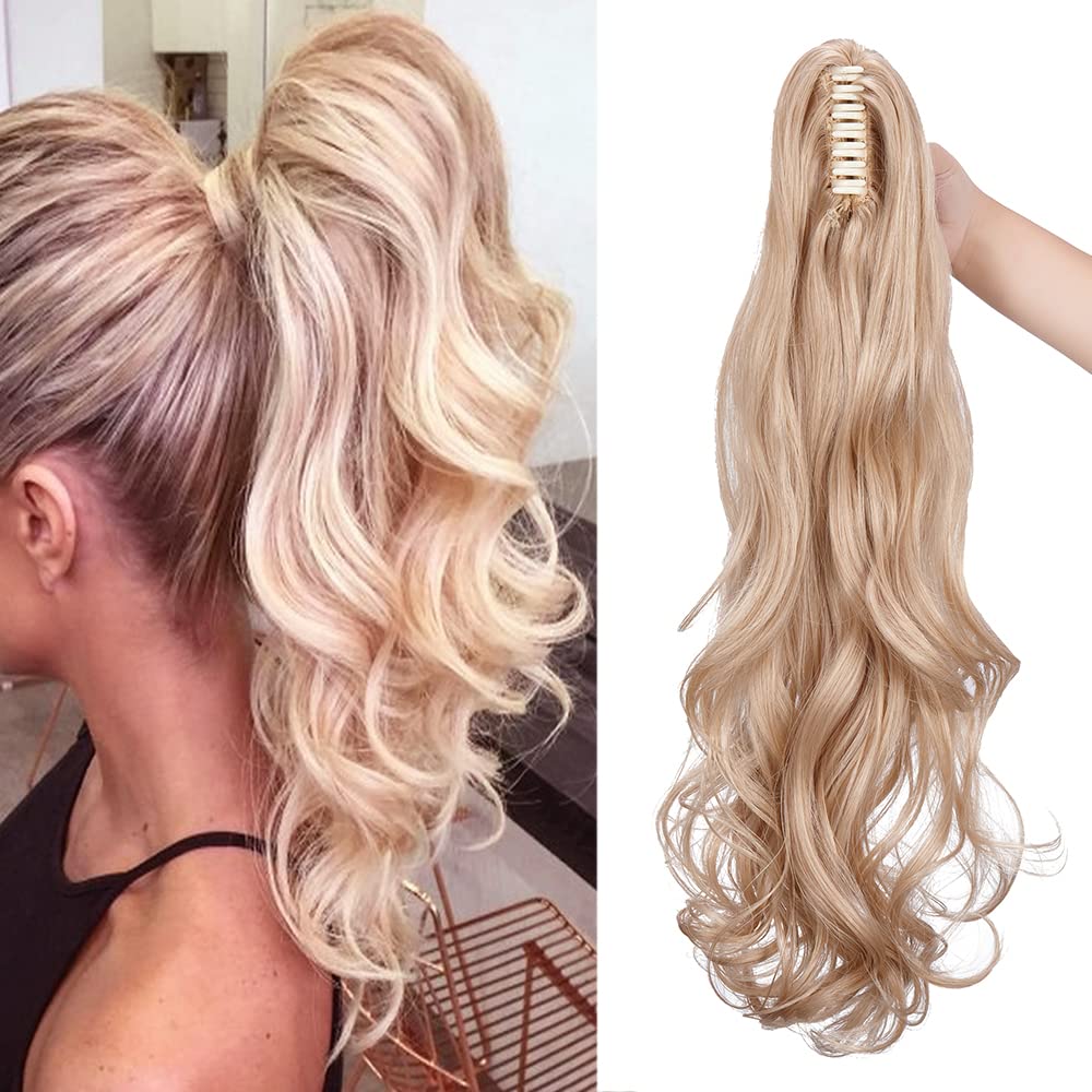 24"/60cm Curly Claw On Ponytail Extension Matte Material Wavy Clip In Pony tail Synthetic Hairpiece For Women, Ash Blonde Mix Bleach Blonde