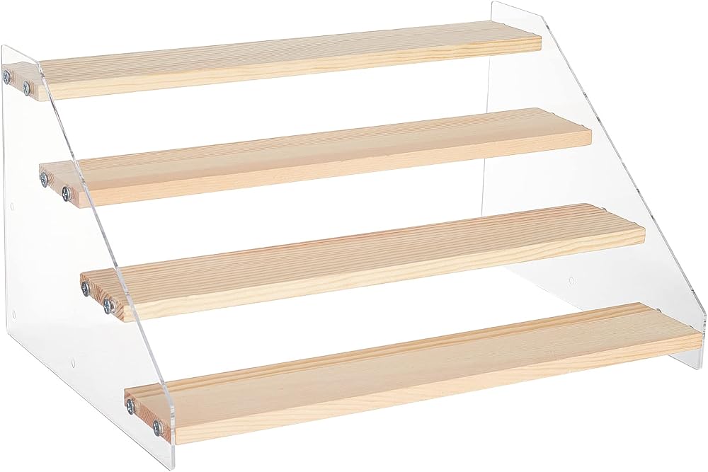 NBEADS 4-Step Acrylic Tiered Display Stand Wood Display Shelf 30x21.4x15.8 cm