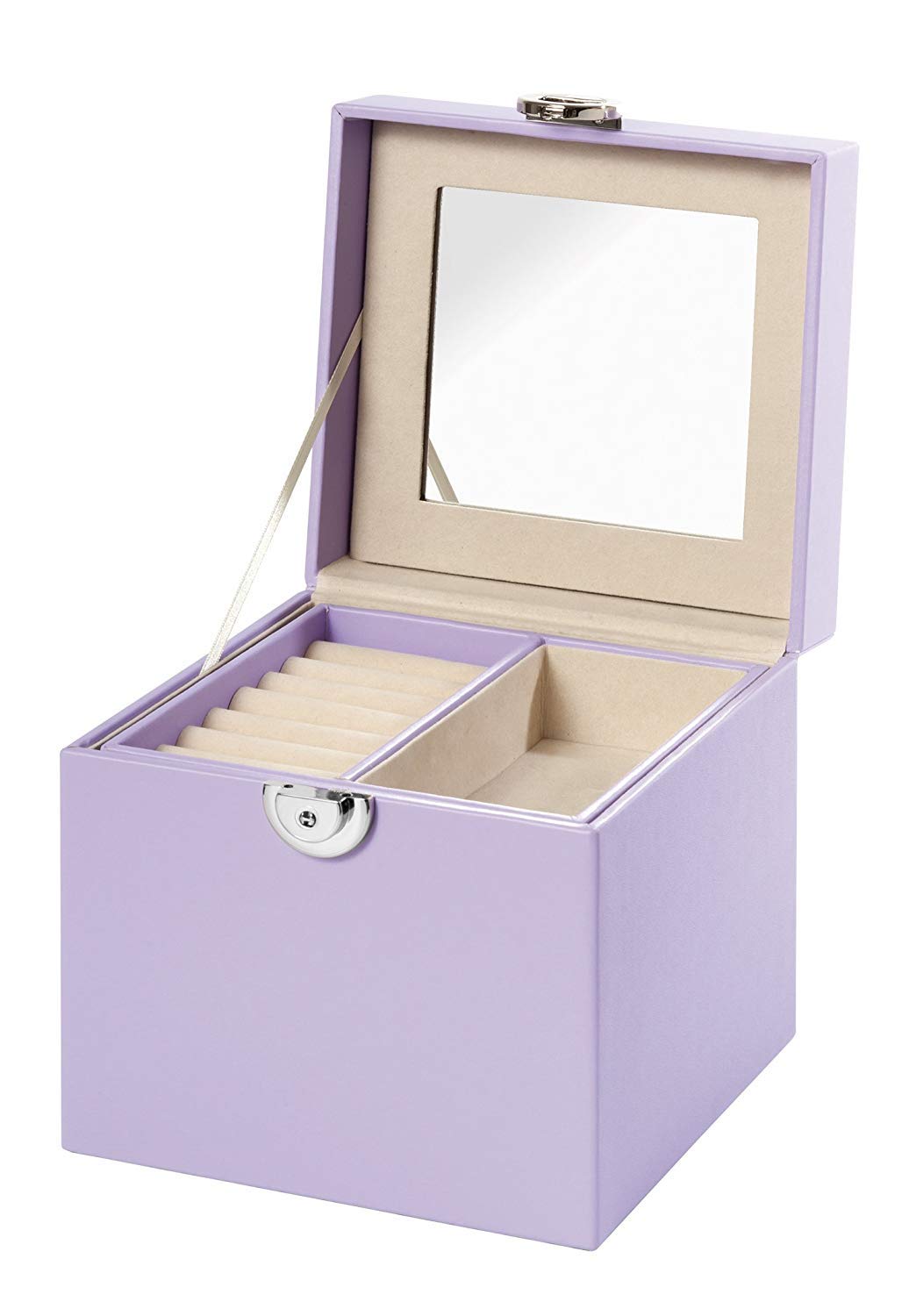 Clauss Purple PU Leather Velvet Jewellery Box Mirror in Lid 15x15x15cm BC-10050