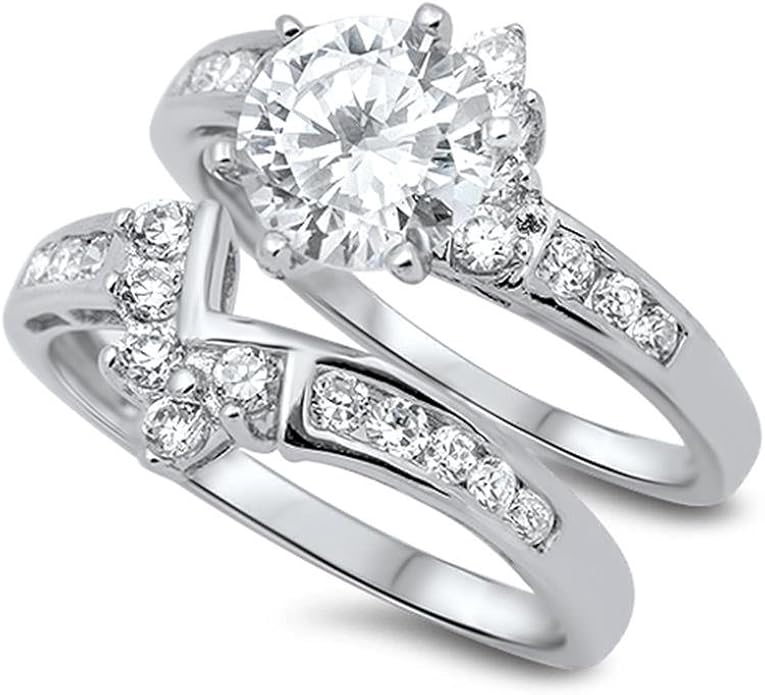 Sterling Silver Cubic Zirconia Wedding And Engagement Ring Set, 9mm Jewelry