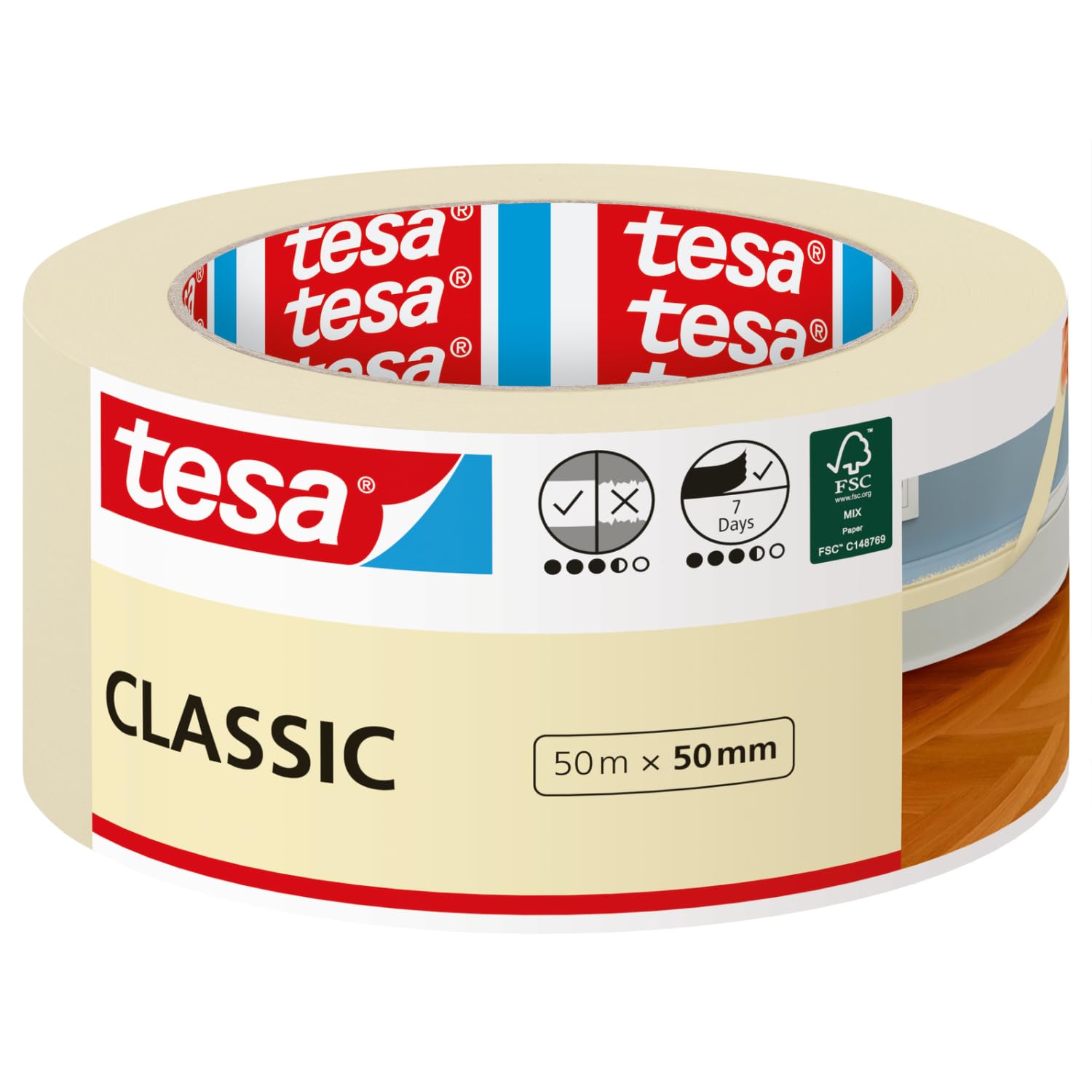 tesa Masking Tape CLASSIC - Painter's Tape for Masking During Painting Work - Solvent-free, Removable without Residue - 50 m x 50 mm