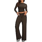 Cozy 2 Piece Lounge Sets for Women, Side Ruched Long Sleeve Top & Wide Leg Pants Casual Matching Tracksuit for Home & Travel
