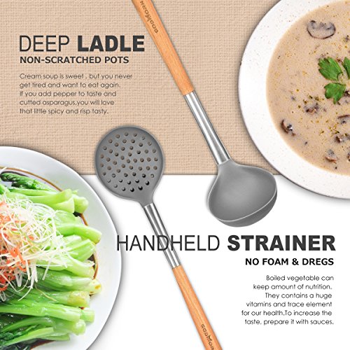 Silicone Kitchen Utensil Set - Godmorn 9 Cooking Utensils Set - Stainless Steel and Wooden Handle Silicone Utensil Set - Silicone Spatula Set Tools for Cooking - Thumbnail 3