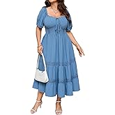 SCOMCHIC Womens Plus Size Maxi Dress Short Sleeve Square Neck Smocked Boho Wedding Guest Lace Trim Tiered A Line Dresses