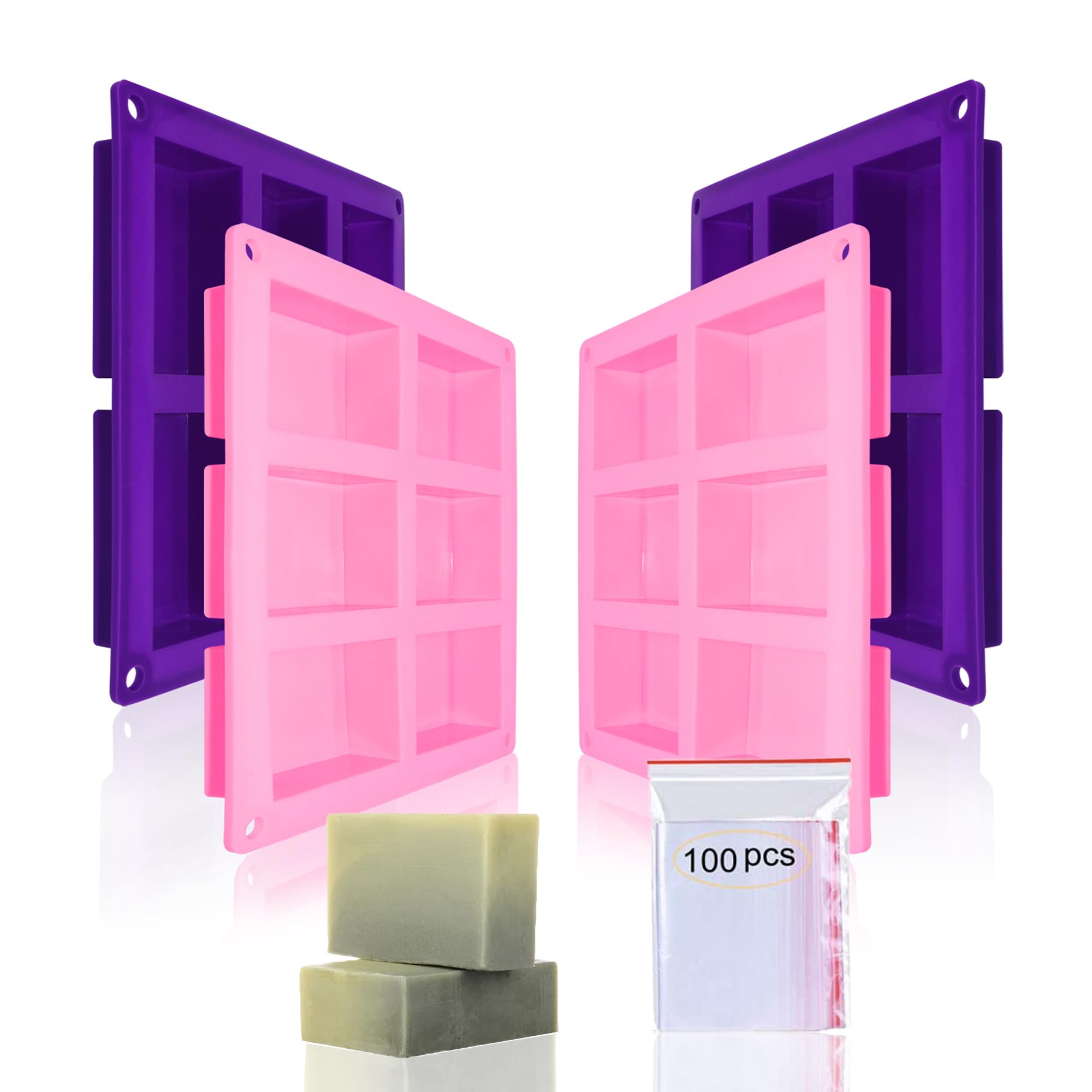 Rectangle Silicone Soap Moulds, Silicone Candle Soap Making, 6-Cavity Chocolate Loaf Baking Tray, DIY for Craft Jelly Candy Ice Candles (Pink+Purple)