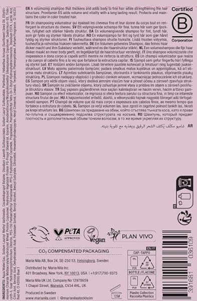MARIA NILA PURE VOLUME, SHAMPOO 11.8 FL OZ, VITAMIN B5 GIVES VOLUME TO THIN & FINE HAIR, 100% VEGAN & SULFATE/PARABEN FREE
