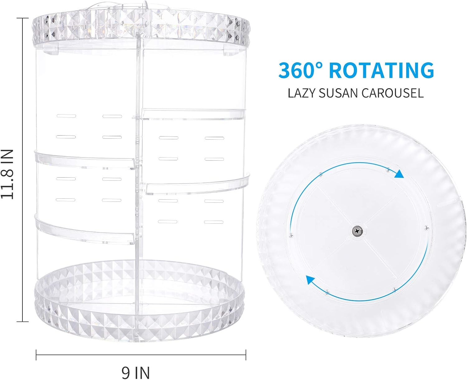 Deksias 360 Rotating Makeup Organizer, Adjustable Carousel Acrylic Storage,Large Capacity Spinning Cosmetics Display Case for Bathroom,Bedroom,Dresser or Vanity Countertop (Clear): Home Improvement