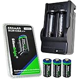 4 Pack EdisonBright RCR123A 650mAh rechargeable protected li-ion type 16340 EBR65 batteries with 2 bay battery charger