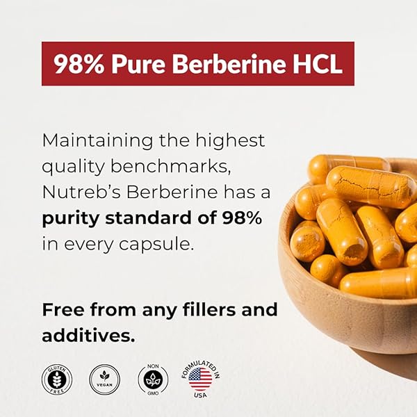 NUTREB BERBERINE SUPPLEMENT 1200MG – 5X HIGHER ABSORPTION – ULTRA PURE 98% BERBERINE HCL – HEALTHY WEIGHT MANAGEMENT, IMMUNE SUPPORT – NON GMO, MANUFACTURED IN USA – 60 VEGAN CAPSULES