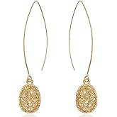Simulated Druzy Dangly Threader Earrings - Gold, Silver, or Rose Gold Tone Long Simple Boho Hoop Drop Dangles with Sparkly Oval Stone