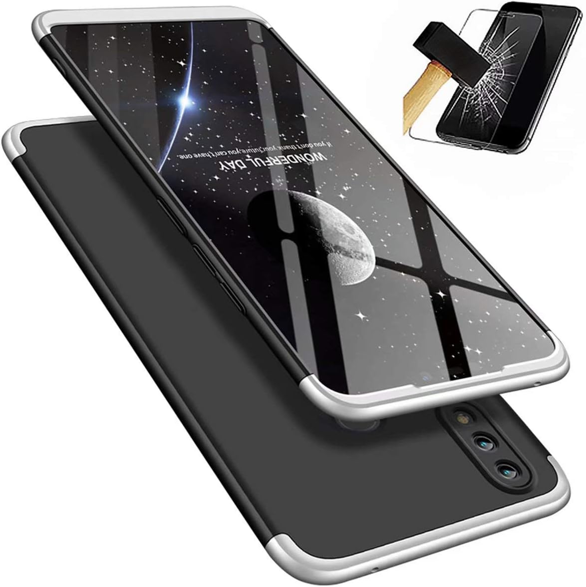 Lanpangzi Compatible with Huawei Honor 8X Case TPU Silicone 3 in 1 Combination Ultra Slim Cover with [Tempered Glass Screen Protector] Scratch-resistant Protective Case - Silver and Black