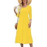 Heymoments Women's Casual 3/4 Sleeve Midi Dress Crewneck A line Tiered Flowy Loose Beach Travel Long Dresses with Pockets