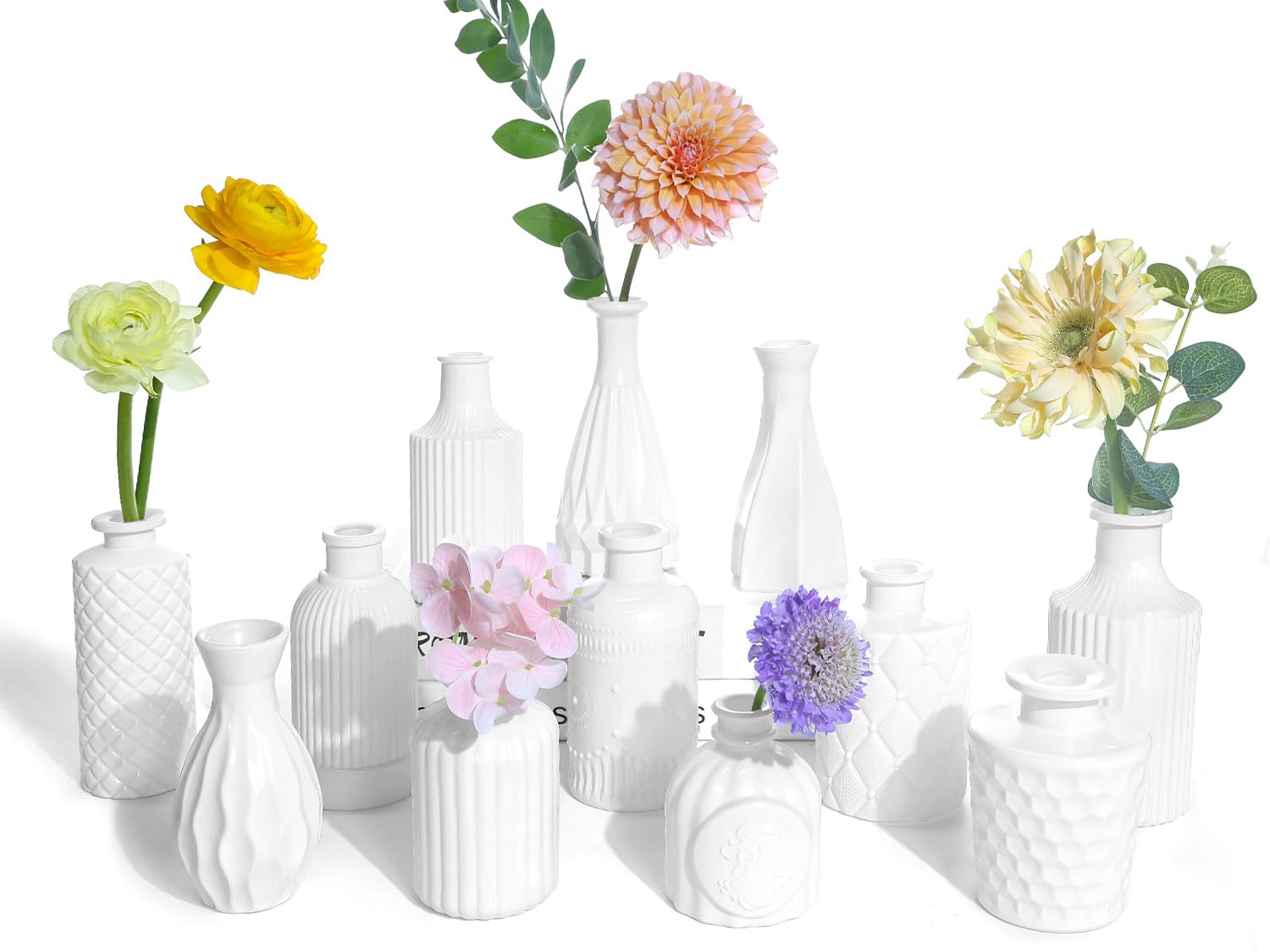 Photo 1 of UPBUD White Glass Bud Vases Set of 12, Small Vases for Flowers, Mini Flower Vases in Bulk for Wedding Decoration, Vintage Vase for Baby Shower Centerpieces, Home Décor