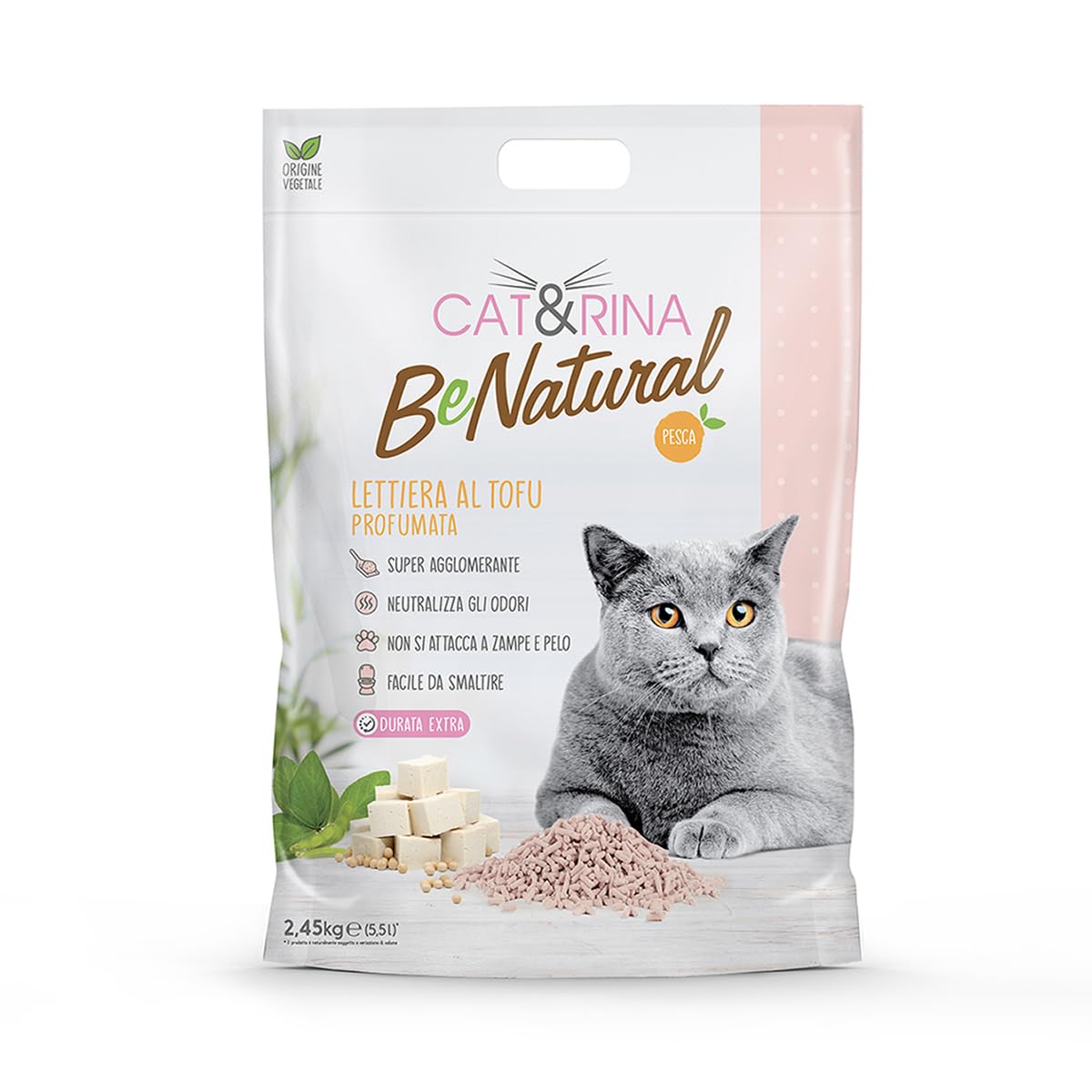 Cat&Rina BeNatural Cat Litter Tray with Clumping Tofu Plant Origin - Up to 30 Days of Use - Dispose of Organic or Toilet Peach