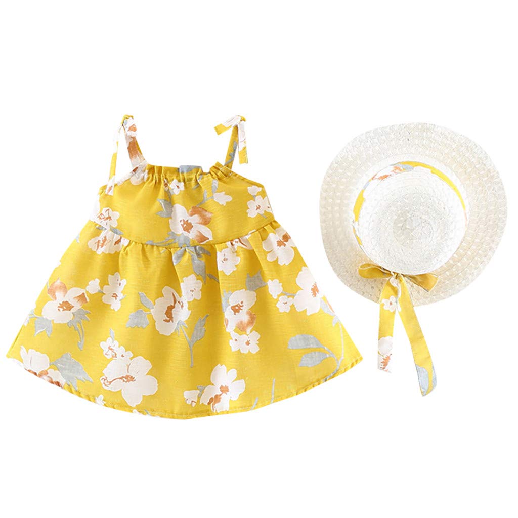 JulholdInfant Baby Girls Summer Leisure Elegant Sleeveless Flower Floral Print Princess Dress+Hat Cap Outfits 0-2 Years