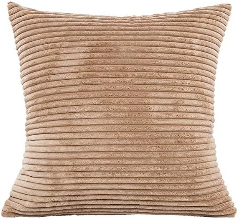 Doupoo Super Soft Cushion Cover 18 x 18 Tan ,Doupoo Decorative Square Striped Velvet Corduroy Throw Pillow Case Cover With Zipper (18 x 18 inch, C-Camel)