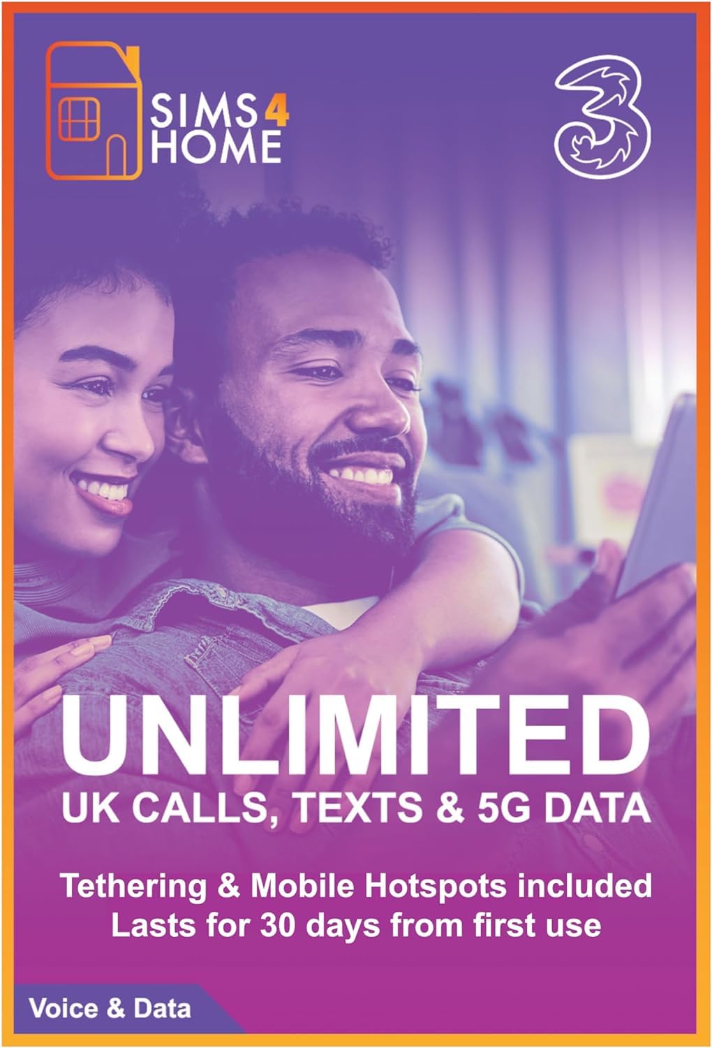 Three Sim Card Preloaded with UNLIMITED UK Calls, Texts & 4G/5G Data. (Valid for 30 days). No Contracts, No Commitments, No Credit Checks, No Tie-ins, No Personal ID. Simple to renew